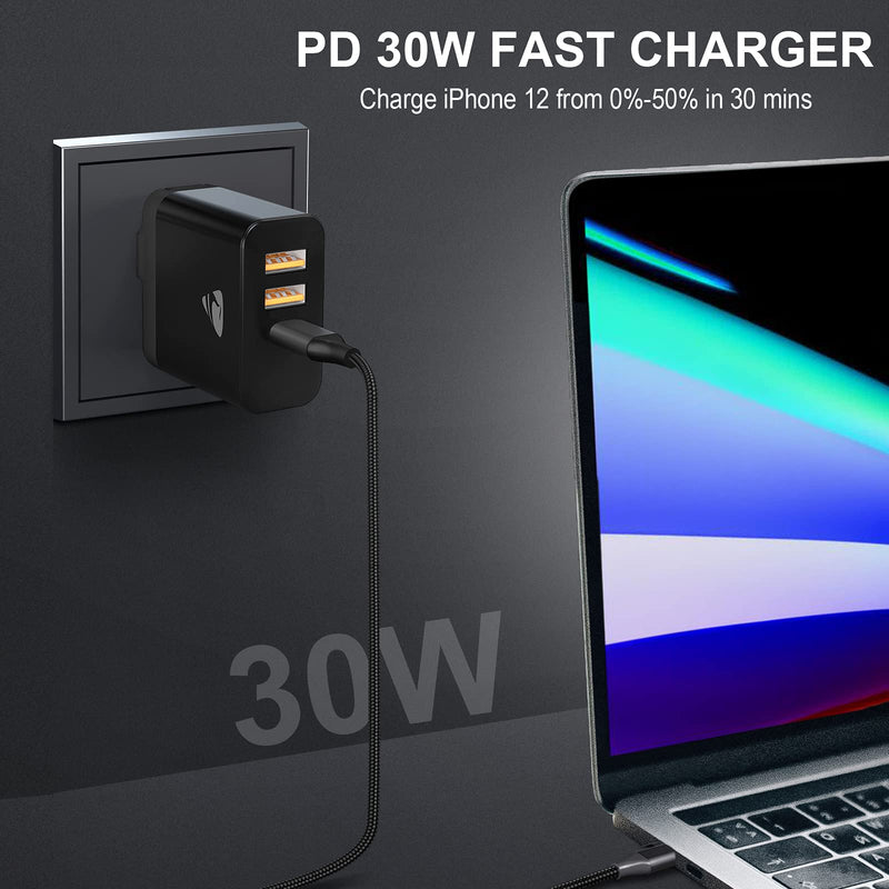 [Australia - AusPower] - USB Wall Charger Block, Aioneus 30W 3-Port Charging Block with PD 3.0 USB C Power Adapter, Fast USB Wall Charger Foldable Plug for iPhone 13 12 11 Pro Max, Charger Block for Samsung Galaxy, Pixel 