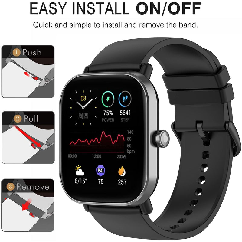 [Australia - AusPower] - QGHXO Band Replacement for Amazfit Bip, Soft Silicone Band Replacement for Amazfit Bip/Bip Lite/Bip S/Bip U/GTS/GTS 2/ GTS 2e/ GTS 2 Mini/GTR 42mm Smartwatch (No Tracker, Replacement Bands Only) Black One size 