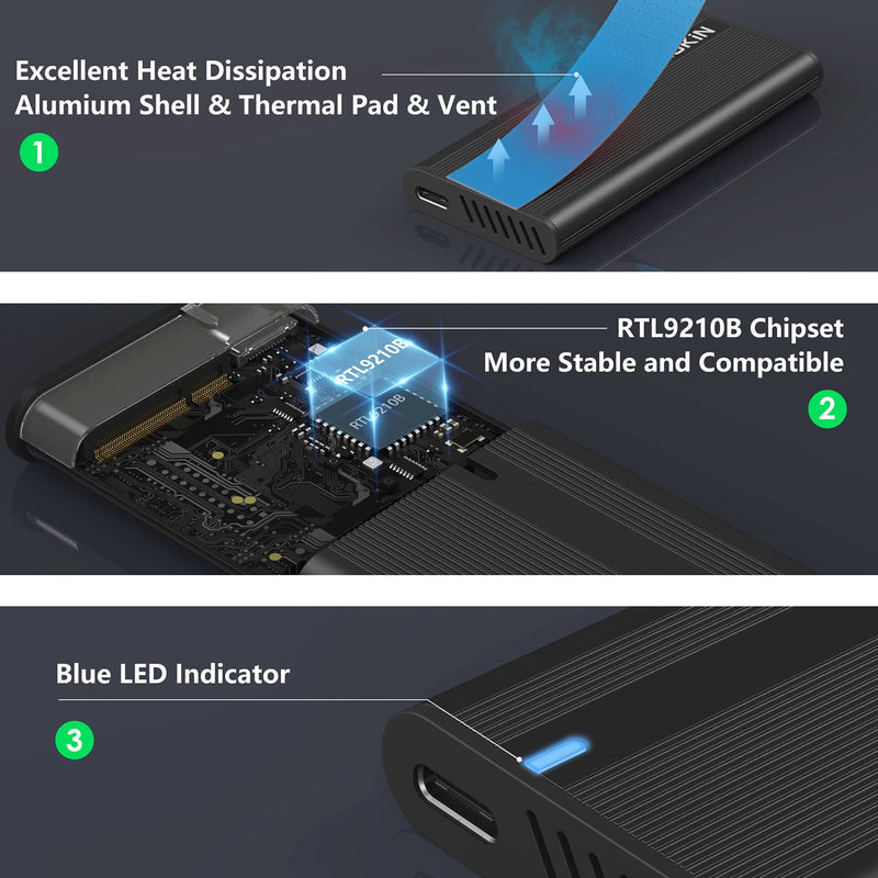 [Australia - AusPower] - MOKiN M.2 NVME SATA SSD Enclosure Adapter Tool-Free, RTL9210B Chips, USB C 3.1 Gen 2 10Gbps NVME, 6Gbps SATA PCIe M-Key(B+M Key), External Solid State Drive Support UASP Trim for 2242/2260/2280 SSD 