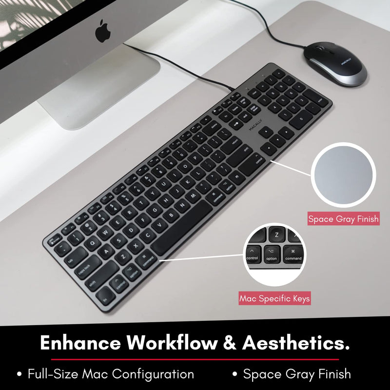 [Australia - AusPower] - Macally Backlit Mac Keyboard Wired - Quiet, Sleek, and Functional - 3 Brightness Levels, 107 Keys - 5ft USB Wired Apple Keyboard - Backlit Wired Keyboard for Mac, iMac, MacBook Pro/Air - Space Gray 