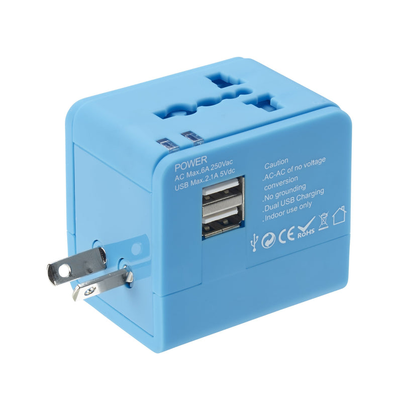 [Australia - AusPower] - Lewis N. Clark Global Wall Adapter + Portable Charger with Dual USB Ports for Standard + Recessed Outlets (over 175 countries) for Cell Phones, Tablets, Laptops, Blue 