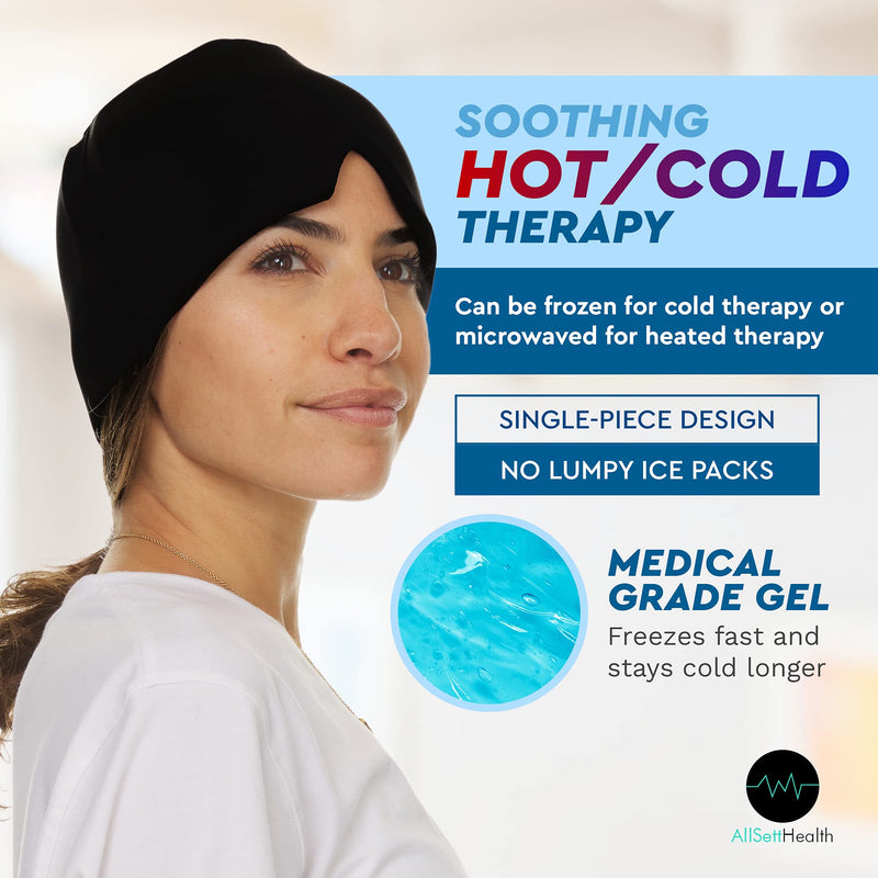 [Australia - AusPower] - AllSett Health Form Fitting Migraine Relief Ice Head Wrap | Headache and Migraine Hat | Hot and Cold Therapy for Puffy Eyes, Tension, Sinus and Stress Relief 1 Pack-Black 