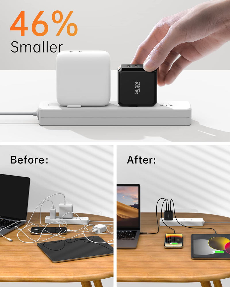 [Australia - AusPower] - USB C Charger Block, SELORE 67W Fast Charging Adapter PPS, 3-Port GaN Charger Foldable Compact Wall Charger with USB-C Cable for MacBook Pro/Air, iPad Pro, Galaxy S23/S22, iPhone 14, Dell XPS, Laptop Black 