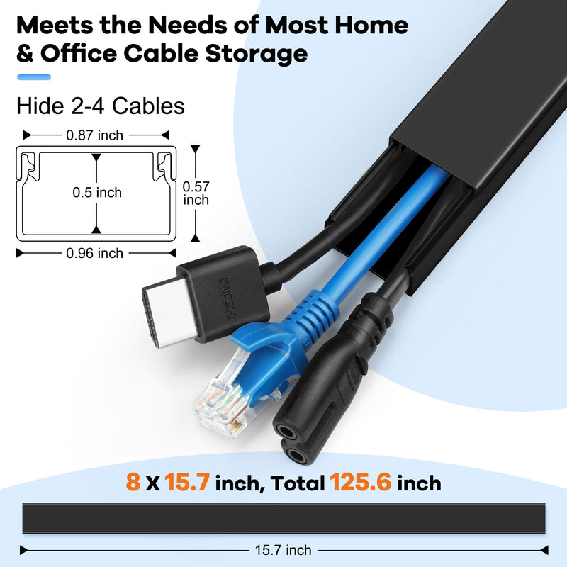 [Australia - AusPower] - 125.6in Cord Hider Kit, Wire Hiders for TV on Wall, Paintable Cable Management Kit, Wire Cover for Wall Mount TV, Hide Wires Along Wall, Black Cord Cover Wall Wire Management, 8xL15.7in W0.95inH0.55in Medium 