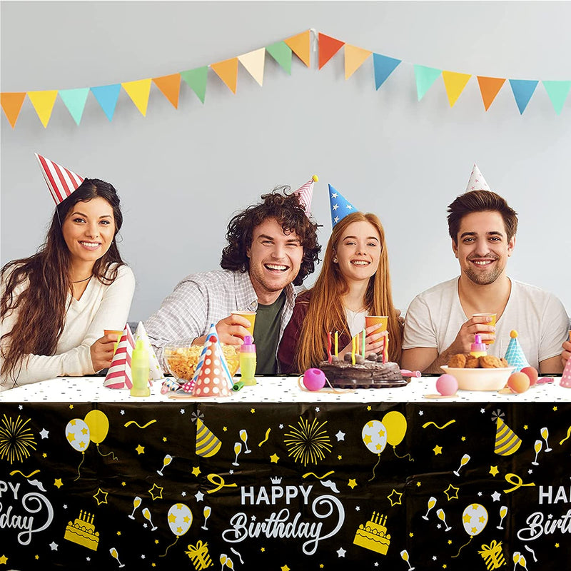 [Australia - AusPower] - 3pcs Happy Birthday Decorations for Men Women Black Gold Birthday Tablecloth Disposable Plastic Rectangle Table Cover for 30th 40th 50th 60th 70th 80th 90th Birthday Party Decorations 