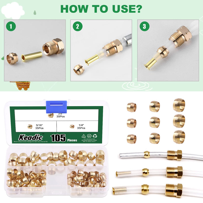 [Australia - AusPower] - Keadic 105 Pcs 3 Size Brass Compression Fitting Ferrule Sleeve Tube OD 1/4" 5/16" 3/8" Brass Compression Fitting Set for Air, Water, Fuel, Oil Tubing (Imperial) 1/4" 5/16" 3/8" 