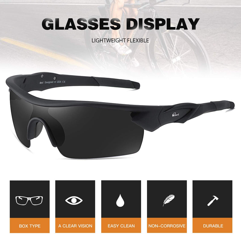 [Australia - AusPower] - Bevi Polarized Sports Sunglasses TR90 Unbreakable Frame for Men Women Running Cycling Golf Baseball Black 