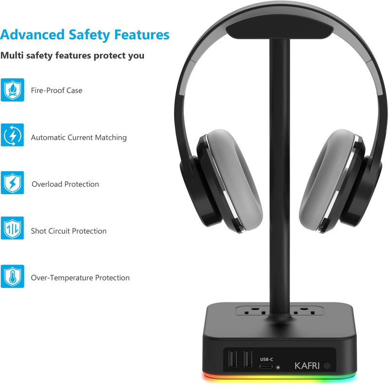 [Australia - AusPower] - KAFRI RGB Headphone Stand with USB A&C Charger Desk Gaming Headset Holder Hanger Rack with 3 USB Charging Port and 2 Outlet - Suitable for Gamer Desktop Table Game Earphone Accessories Boyfriend Gifts A-ONE STAND 