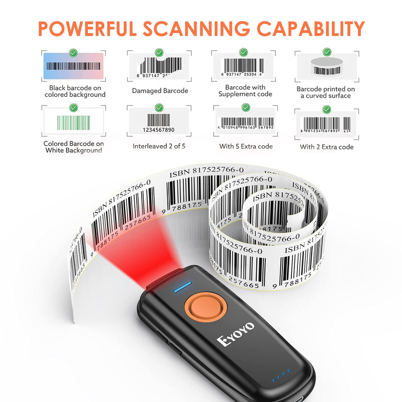 [Australia - AusPower] - Eyoyo 1D Linear Wireless Barcode Scanner Bluetooth,Fast&Accurate Scanning,Volume Adjust Button,Battery Level Indicator,Mini Portable Pocket Inventory Bar Codes Reader for Computer, Android, iOS Phones Orange 