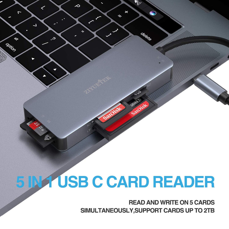 [Australia - AusPower] - ZIYUETEK USB C CF Card Reader,5- in-1 Aluminum Thunderbolt 3 Memory Card Reader for CF, SD/SDHC,TF/Micro SD/MS/M2,CompactFlash Card - Grey TYPE-C 
