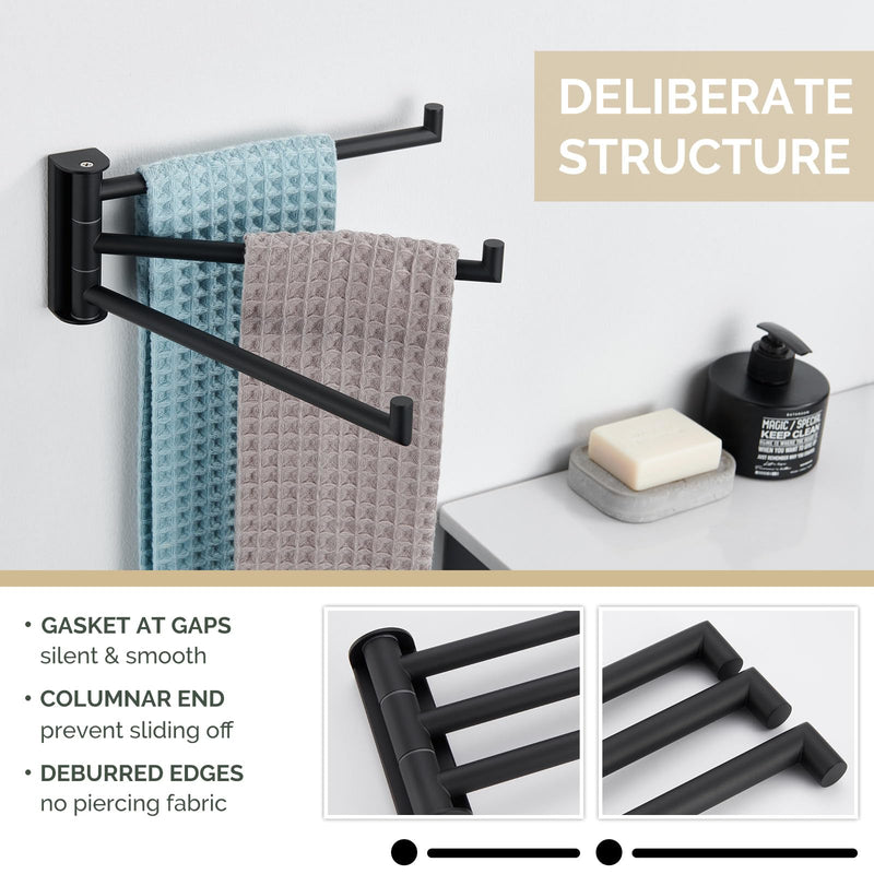[Australia - AusPower] - Swivel Hand Towel Holder 3 Bars, Angle Simple 304 Stainless Steel Hand Towel Rack, Folding Bathroom Towel Hanger Wall Mount, Matte Black 