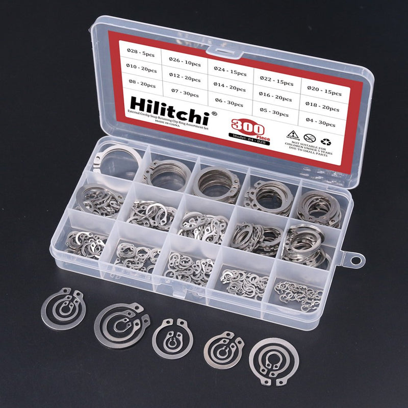 [Australia - AusPower] - Hilitchi 300-Pcs [15-Size] External Circlip Snap Retaining Clip Ring Assortment Set - 304 Stainless Steel 
