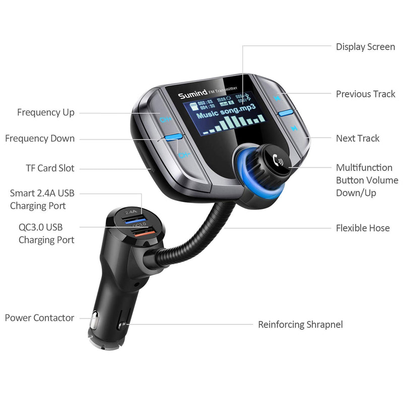 [Australia - AusPower] - (Upgraded Version) Sumind Car Bluetooth FM Transmitter, Wireless Radio Adapter Hands-Free Kit with 1.7 Inch Display, QC3.0 and Smart 2.4A USB Ports, AUX Output, TF Card Mp3 Player(Silver Grey) Silver Grey 