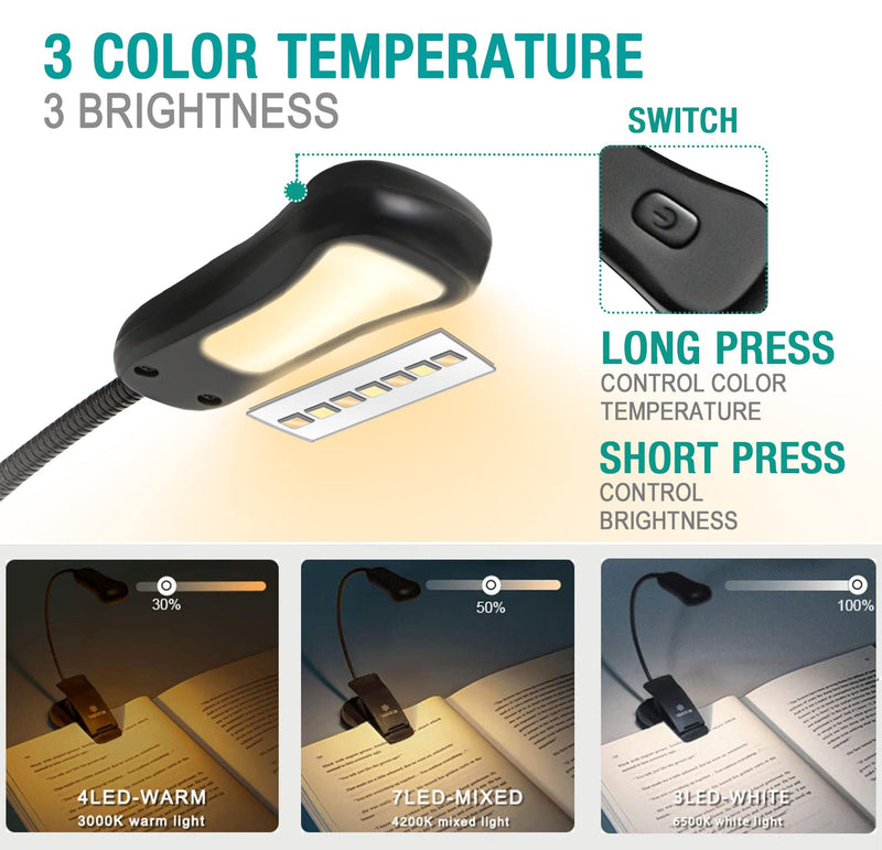 [Australia - AusPower] - Vekkia/LuminoLite Rechargeable Book Light, Reading Lights for Books in Bed, 3 Colortemperature × 3 Brightness, Clip on Book, Up to 70 Hours Lighting, Great for Readers, Kids & Travel (Black) Black 