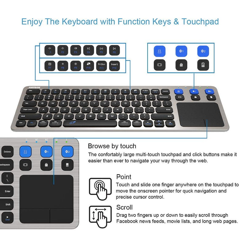 [Australia - AusPower] - Arteck Universal 2.4G Wireless and Bluetooth Touch TV Keyboard Multi-Device with Easy Media Control and Build-in Touchpad Wireless Keyboard for Smart TV, TV Box, TV-Connected Computer, Mac, HTPC 