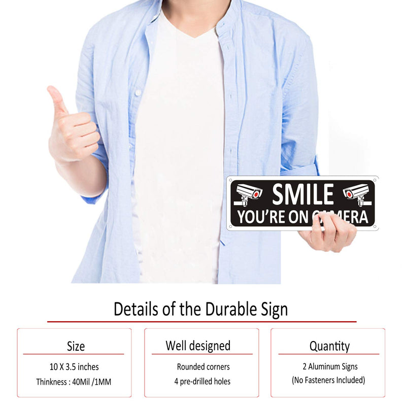 [Australia - AusPower] - Smile You're on Camera Sign (2 Pack), Video Surveillance Sign Metal, 10" x 3.5" Home Security Signs for House Business, Camera Warning Sign Outdoor, Aluminum CCTV Sign for Yard You're on Camera Sign-C03A 