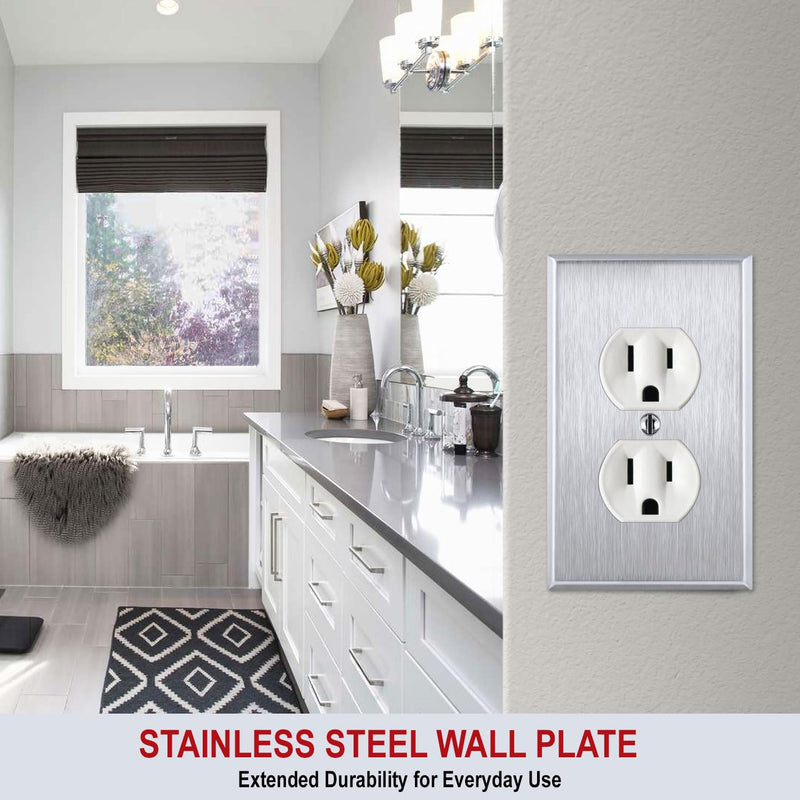 [Australia - AusPower] - 1 Gang Electrical Outlet Stainless Steel Cover Plate, Receptacle Socket Cover for Outlets, Outlet Wall Plate, One Gang Wall Plug Cover - Stainless Steel - UL Listed, 4.5 x 2.75 Inches (Made in USA) 1 Gang Outlet 