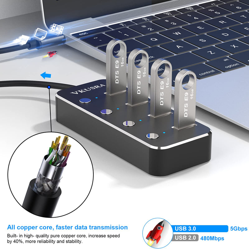 [Australia - AusPower] - USB Hub,VKUSRA 4 Port USB 3.0 Hub Splitter with 4ft USB Extension Cable Multiple Port and Individual On/Off Switchs,USB Port Expander for Laptop PC USB HUB 4 PORTS 