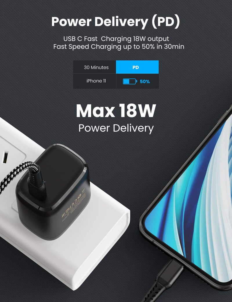 [Australia - AusPower] - iPhone Fast Charger, YEONPHOM PD USB C Wall Charger Compatible for iPhone 13 12 Pro Max/Mini/11 Pro Max/XS MAX/X/8,18W Power Delivery Type C Power Adapter Wall Plug with 6ft USB C to Lightning Cable 