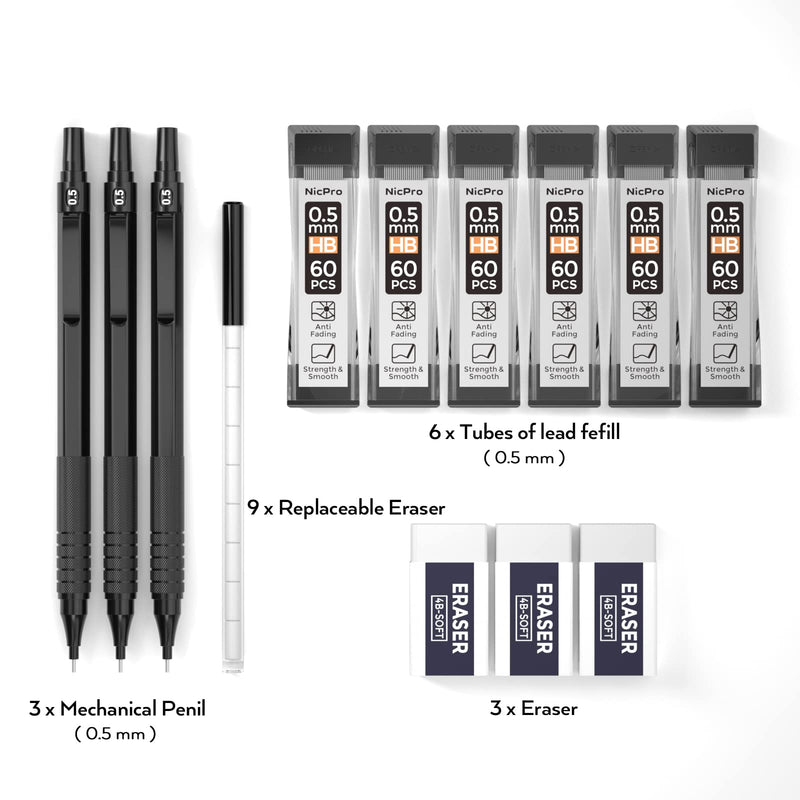[Australia - AusPower] - Nicpro 0.5 mm Mechanical Pencils Set with Case, 3 Metal Artist Pencil With 6 Tubes HB Lead Refills, 3 Erasers, Eraser Refills For Architect Art Writing Drafting, Drawing, Engineering, Sketching, Black 