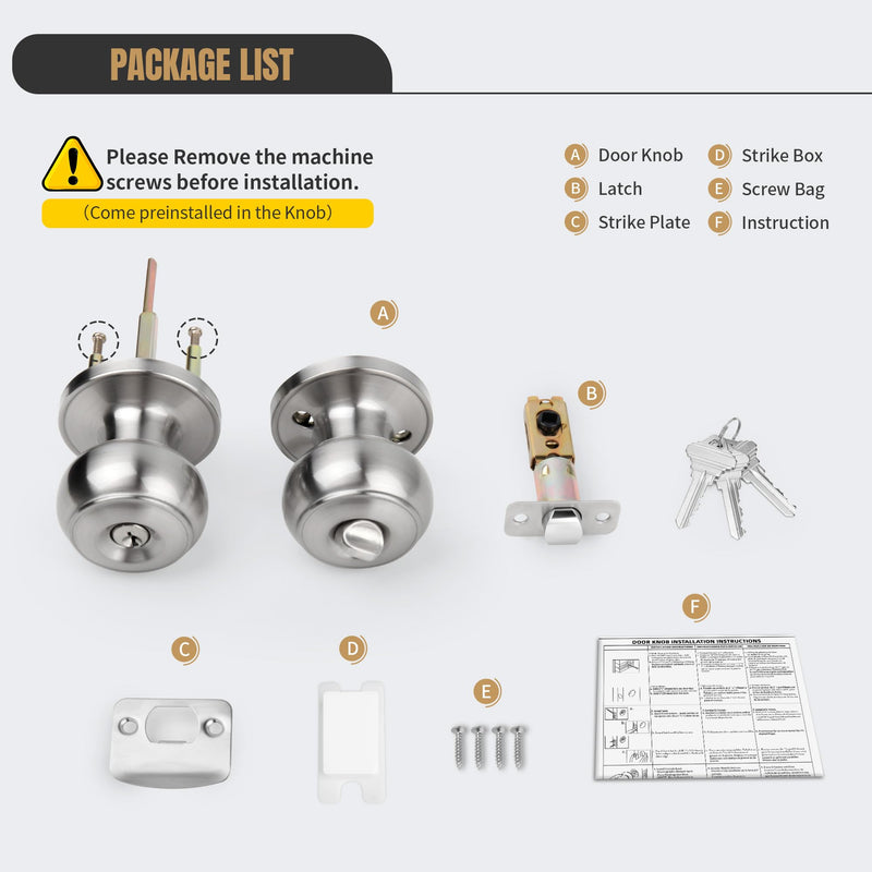 [Australia - AusPower] - Gaurqiah Keyed Entry Door Knob, Flat Ball Interior Door Knob with Lock, Round Exterior Doorknob for Front/Entrance Doors, Stain Nickel Keyed Entry {Stain Nickel} 
