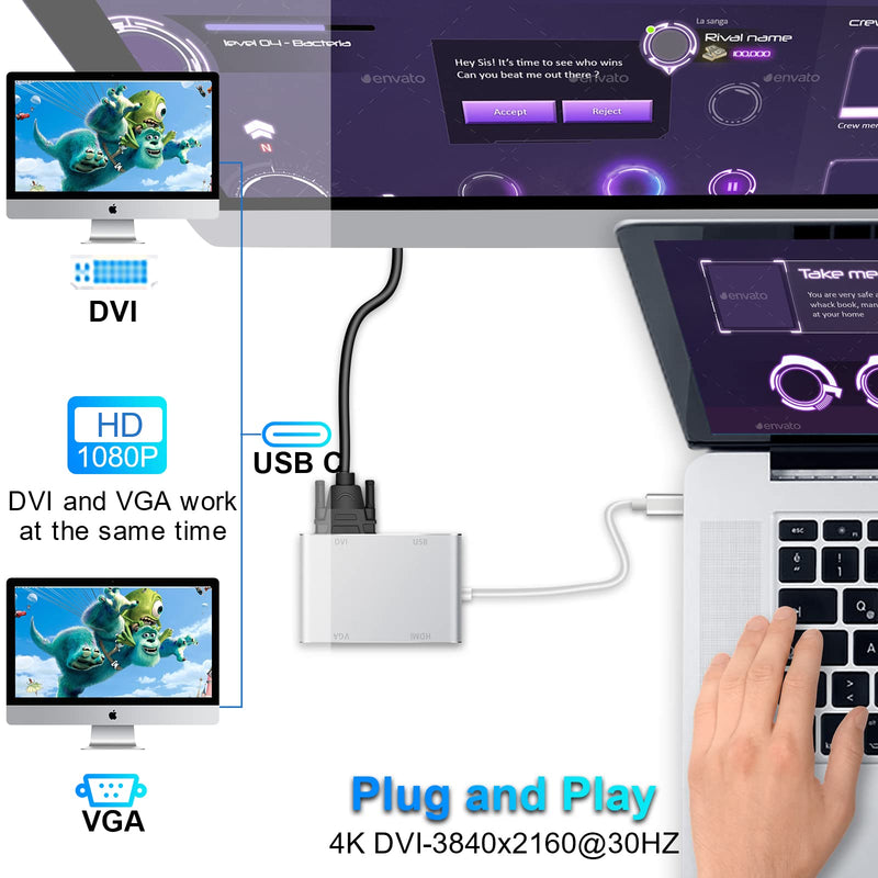 [Australia - AusPower] - USB C to HDMI DVI VGA Adapter, Weton 4 in 1 USB-C hub to 4K HDMI, VGA, DVI Video Adapter, Male to Female Multi-Display Video Converter Monitors Connector for Mac Pro, MacBook Air, iPad Pro, XPS, etc 