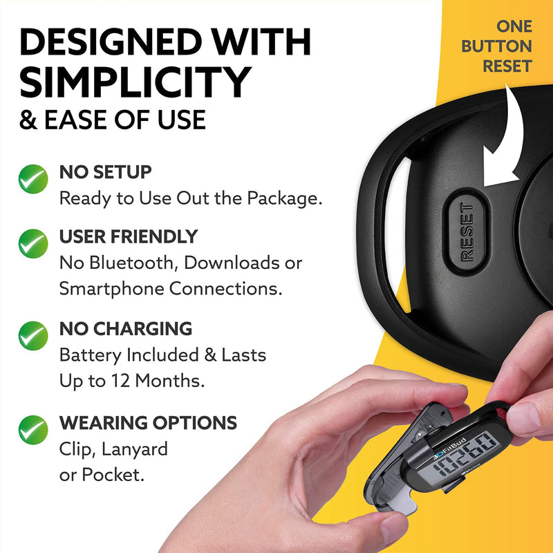 [Australia - AusPower] - 3DFitBud Simple Step Counter Walking 3D Pedometer with Clip and Lanyard, A420S Black 