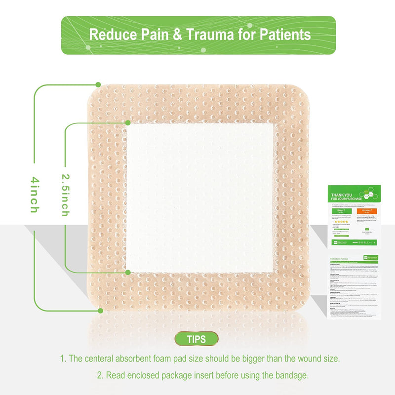 [Australia - AusPower] - Silicone Adhesive Foam Dressing with Gentle Border 4''x4'' for Bed Sore Leg Ulcer 10 Pack, High Absorbency Waterproof Silicone Wound Bandage for Foot Diabetic Ulcer 4x4 Inch (Pack of 10) 