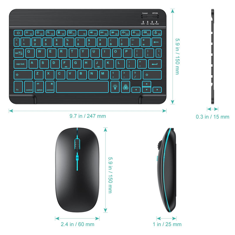 [Australia - AusPower] - TECURS Bluetooth Keyboard and Mouse Combo for iPad, 7-Color Backlit Rechargeable Wireless Keyboard & Mouse Compatible with iPad 9th/8th Gen, iPad Pro/Air/Mini and ipadOS 13 and Above, Black 