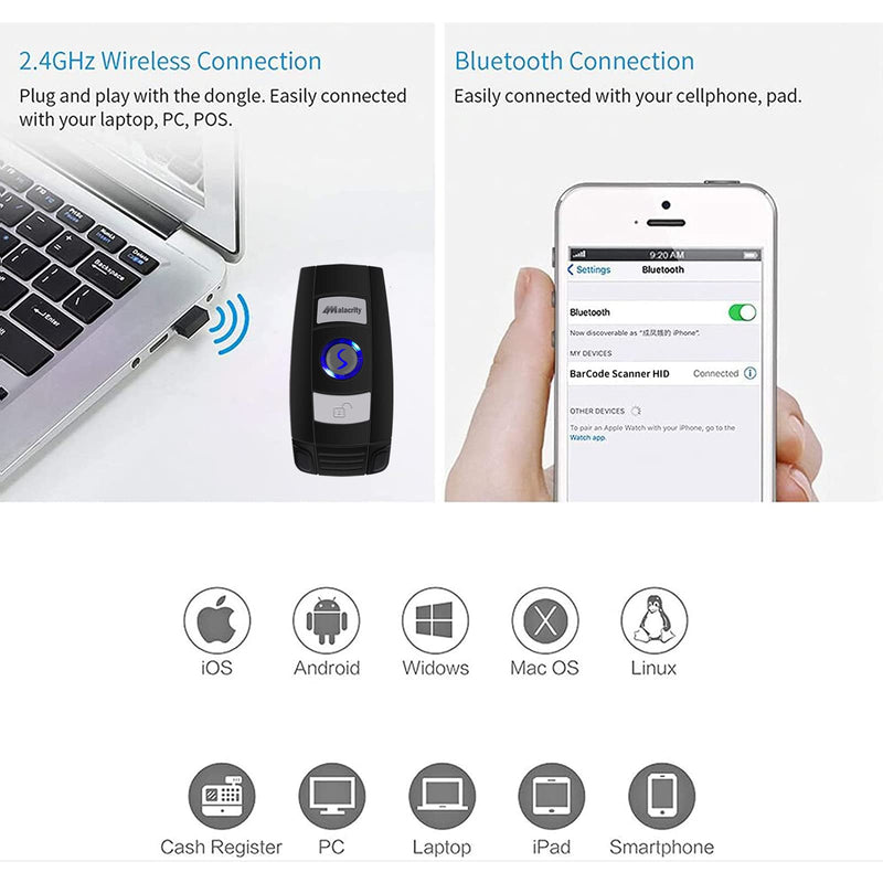 [Australia - AusPower] - Alacrity Bluetooth Barcode Scanner, Portable Mini 1D Handheld Barcode Scanner 3-in-1 Bar Code Reader Scanner Scanning Work with Windows, Android, iOS, Tablets or Computers Able to Scan Codes on Screen 