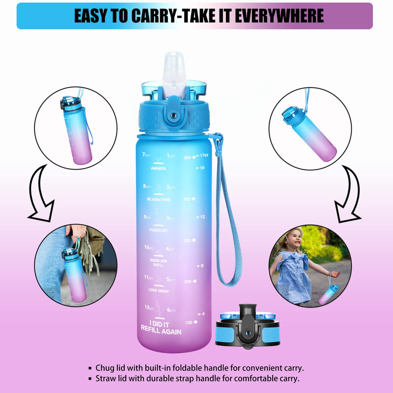 [Australia - AusPower] - Kids Water Bottle with Straw, 17oz Water Bottles Motivational Time Marker with 2 Lids(Straw/Chug) Leakproof Tritran BPA Free Reusable Drinking Bottles for Kids/Adults 500ml(Blue-Purple) Blue-Purple 
