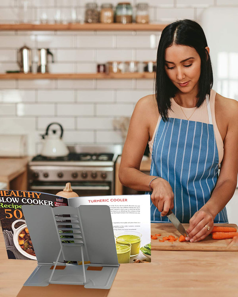 [Australia - AusPower] - Blizzow Desk Book Stand Holders for Reading Hands Free, Durable Metal Adjustable Book Stand, Sturdy Lightweight Foldable Portable Bookstand -Cookbook, Recipe, Tablet, Music Book, Documents (Grey) Gray 