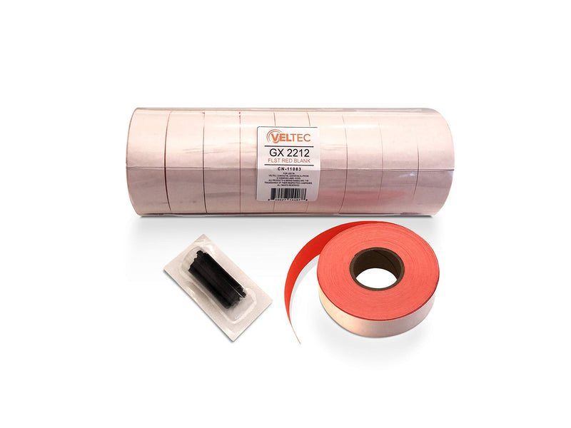[Australia - AusPower] - Veltec 2212 Fluorescent Red Pricing Labels for Garvey and Contact 22-6, 22-7, 22-8 Price Gun/Labelers, Free Ink Roller – 9 Rolls, 11,000 Labels with Security Slits 
