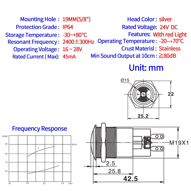 [Australia - AusPower] - UL Certification Red LED Buzzer 24V 19mm Alarm Indicator Light Lamp Stainless Steel Metal Signal Pilot 0.75"Mounting Hole with 85dB Sound J19-BZL 19MM 24V 