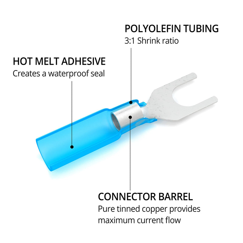 [Australia - AusPower] - Wirefy 130 PCS Heat Shrink Fork Connectors #8 - Marine Grade Fork Terminals - Spade Fork Wire Connectors - Blue 16-14 Gauge Fork #8 