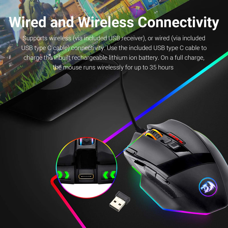 [Australia - AusPower] - Redragon M801 Gaming Mouse LED RGB Backlit MMO 9 Programmable Buttons Mouse with Macro Recording Side Buttons Rapid Fire Button 16000 DPI for Windows PC Gamer (Wireless, Black) Wireless 