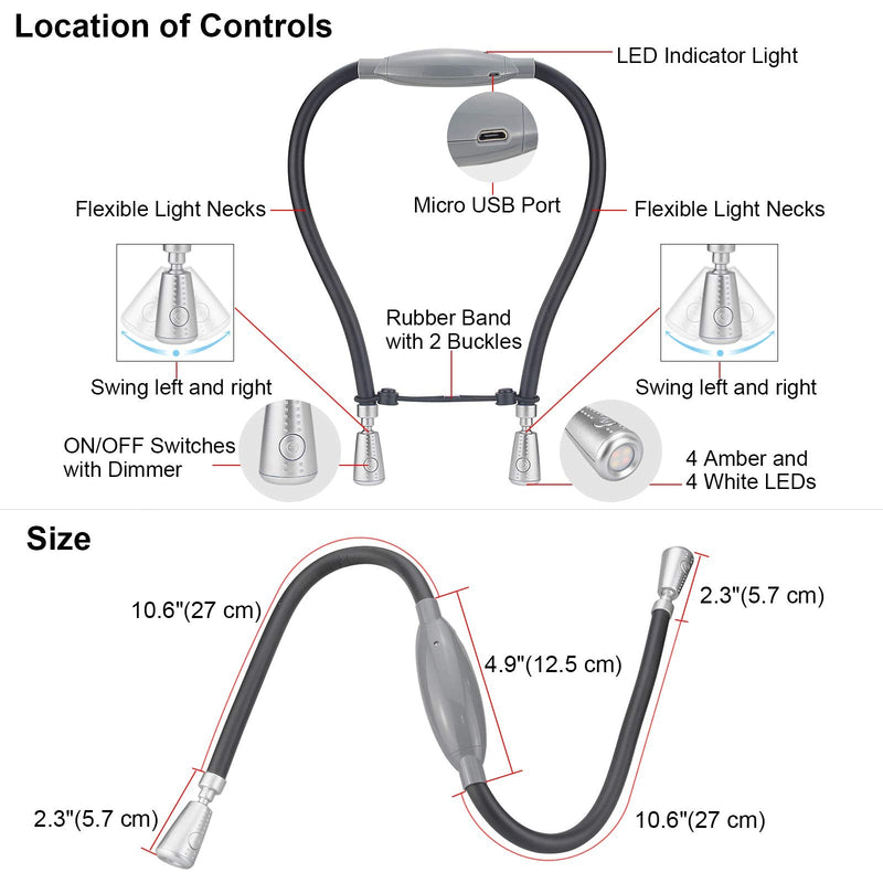 [Australia - AusPower] - HONGUT LED Neck Reading Light, Rechargeable Neck Light for Reading in Bed, 8 LED 2 Modes, Bendable Arms Swing Head, Brightness Adjustable Neck Book Lights Amber Light for Camping, Repairing, Knitting 
