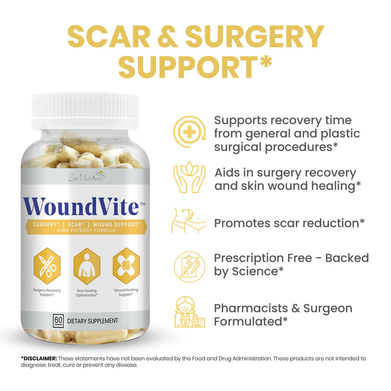 [Australia - AusPower] - Zen Nutrients WoundVite Pre & Post Surgery Support, Scar & Wound Care, Scar Treatment, Plastic & General Surgery, Heal Faster & Aids in Recovery Time w/ Bromelain, Turmeric & Arnica - 60 Vegan Caps 60 Count (Pack of 1) 