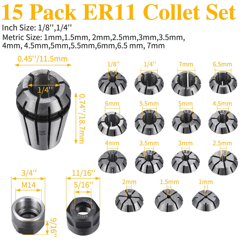 [Australia - AusPower] - Yaocom 19 Pcs ER11 Spring Collet Set Er11 A M14 Thread Collet Clamping Nuts ER11 Precision Spring Collet Set for CNC Engraving Milling Lathe Chuck Tool, 1.0mm-7.0mm and 1/4, 1/8 