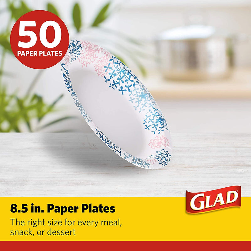 [Australia - AusPower] - Glad 8 1/2-Inch Round Paper Plates | Soak Proof Cut Resistant Microwavable Disposable Paper Plates for Everyday Use | White Paper Plates with Pink Floral Design, Heavy Duty Paper Plates, 50 Count 