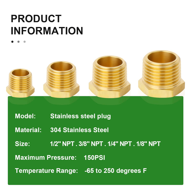 [Australia - AusPower] - TAISHER 20Pcs Brass Outer Hex Thread Socket Pipe Plug Fitting 1/8" 1/4" 3/8" 1/2" NPT Male 20 