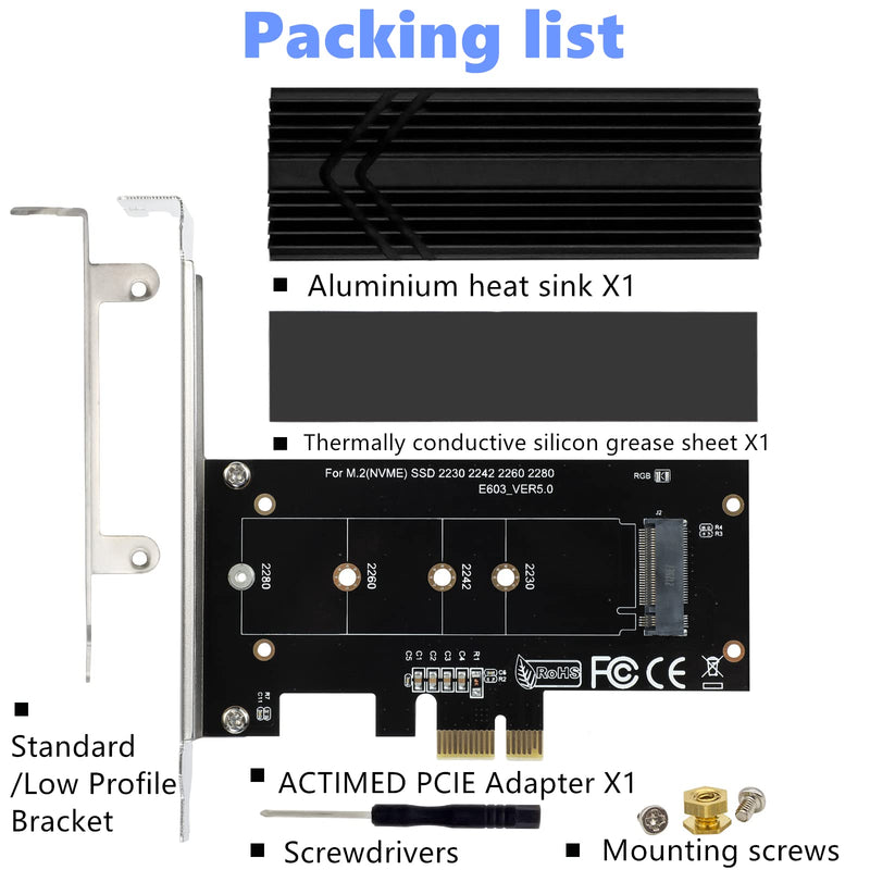 [Australia - AusPower] - ACTIMED NVMe PCIe Adapter M.2 SSD to PCI-e / Powerful Heat Sink Dissipation / PCIE X1 Interface Compatible with PCI-e Slots X1, X4, X8, X16 / for M-Key M.2 SSD / 2230 2242 2260 2280 / Toolkit Included PCIE X1(X4X8X16) 