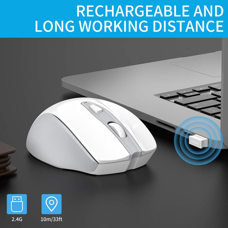 [Australia - AusPower] - Wireless Mouse, 2.4G Slim Silent Travel Cordless Mouse Optical Mice with USB Receiver for Laptop Computer PC MacBook Chromebook and Notebook (White) White 