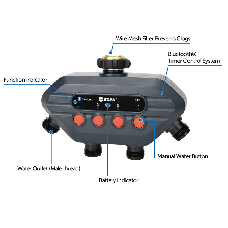 [Australia - AusPower] - Eden 93443 Bluetooth Smart Water Hose Timer 4-Zone, Compatible with Wireless Soil Moisture Sensor 