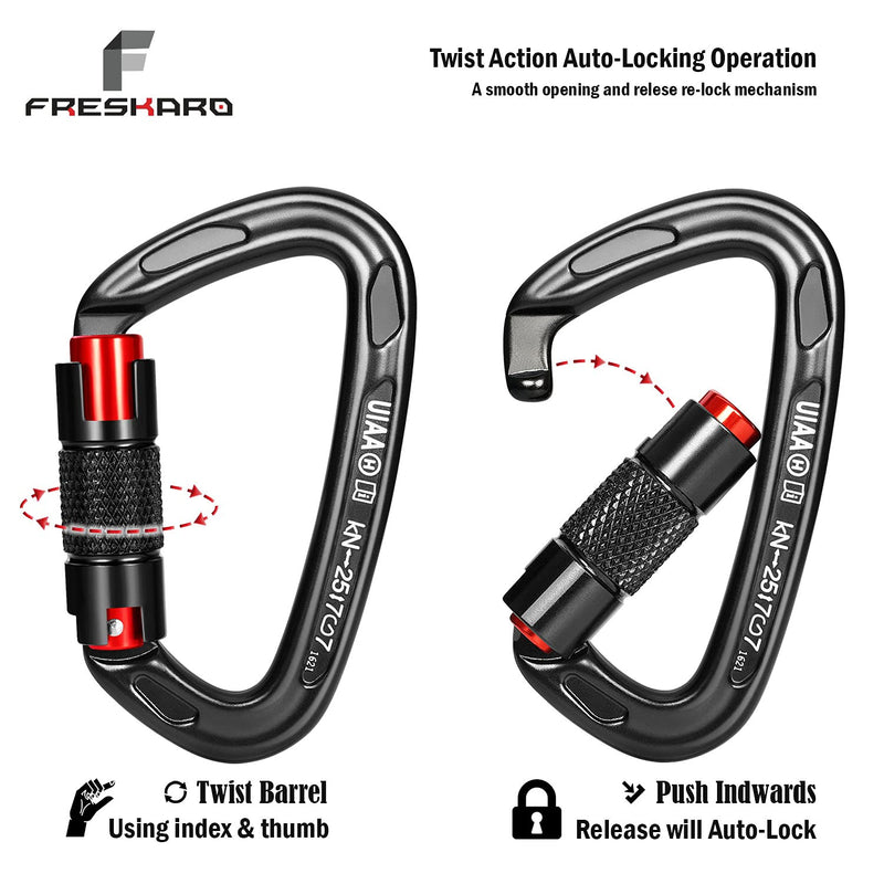[Australia - AusPower] - FresKaro UIAA Certified 25KN Auto Locking Climbing Carabiner Clips,Twist Lock and Heavy Duty Carabiners for Rock Climbing, Rappelling and Mountaineering, D Shaped 3.93 Inch, Large Size, Black 