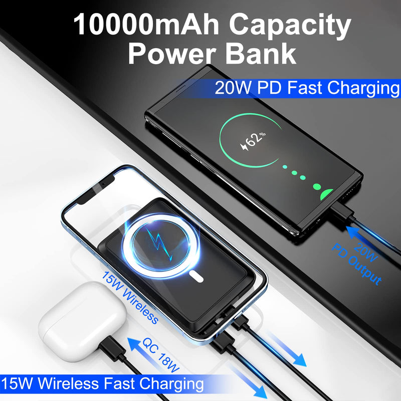 [Australia - AusPower] - MYao Magnetic Battery Pack, 10000mAh Wireless Portable Phone Charger and USB-C Power Bank for iPhone 13/12 Series, iPad and Other Qi-Enabled Cell Phone (Black) Black 