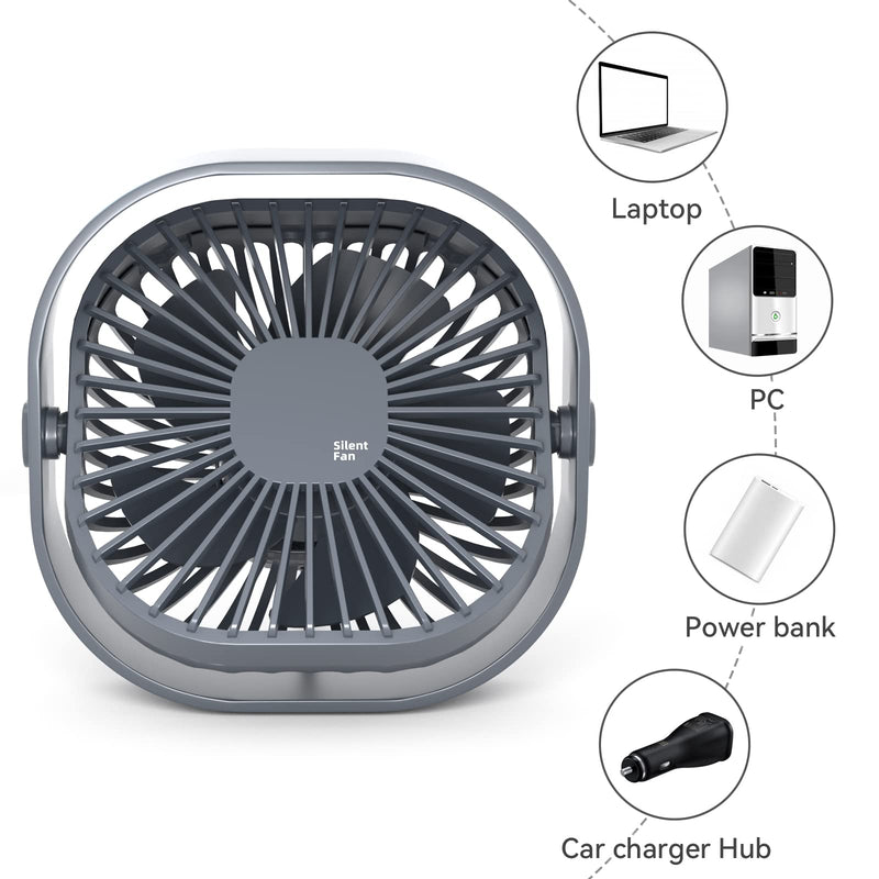 [Australia - AusPower] - Small USB Desk Fan, 3 Speeds Portable Table Fan, 360°Rotatable Personal Min Fan, Small Cooling Fan by USB Plug In, 4 inch Silent Desktop Fan for Home Office Bedroom Dorm Car Indoor Outdoor Summer Gift Grey 
