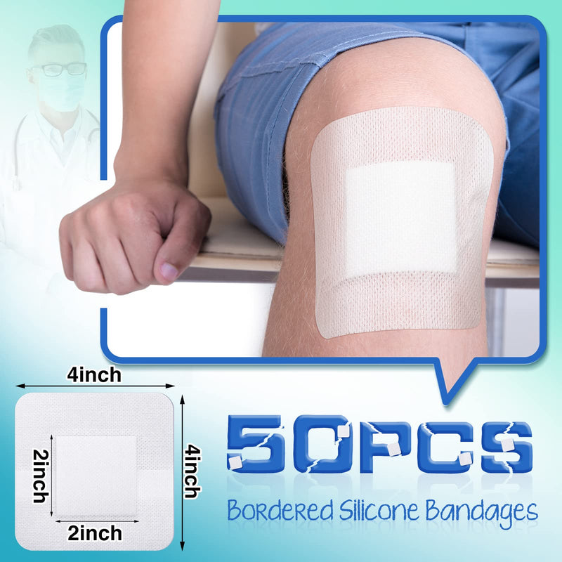 [Australia - AusPower] - 50 Pieces Adhesive Island Dressing Bordered Gauze Bandage Pads Adhesive Breathable Wound Dressing Individually Packed Pouches (4 x 4 Inch) 4 x 4 Inch 
