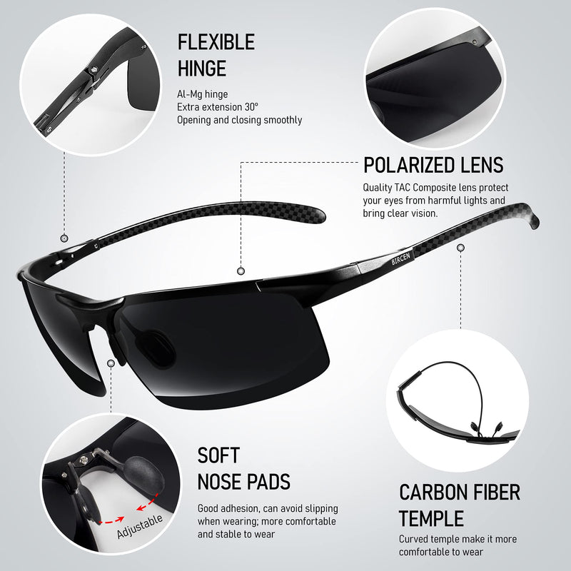 [Australia - AusPower] - Bircen Mens Polarized Carbon Fiber Sunglasses UV Protection Sports Fishing Driving Sunglasses for Men Al-Mg Frame Black Frame Black Lens 
