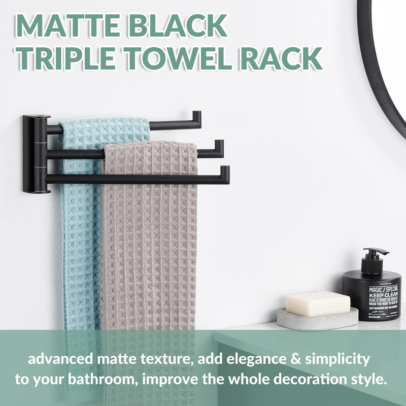 [Australia - AusPower] - APLusee Swivel Towel Rack, 304 Stainless Steel Foldable Towel Bar with Multi Three Rotating Arm, Flexible Bathroom Kitchen Towel Hanger Wall Mounted, Matte Black 